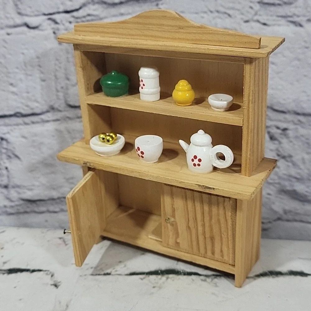 Wooden Dollhouse Furniture Dining Room China Hutch Cabinet With Displayed Dishes